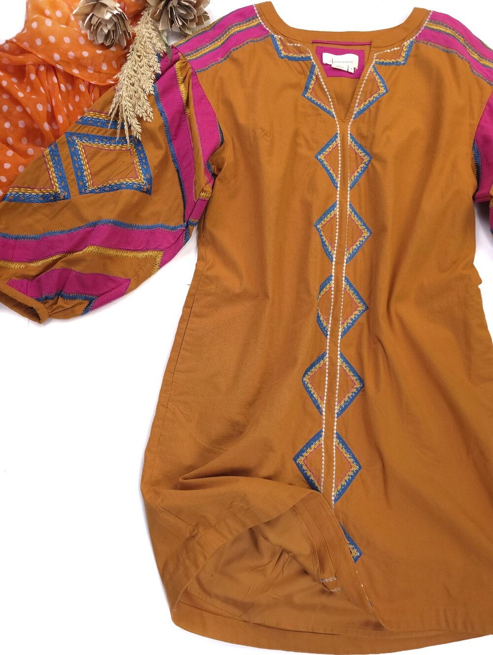 Anthropologie Orange Tunic Dress with Pink Trim & Blue-Yellow Embroidery Sz M